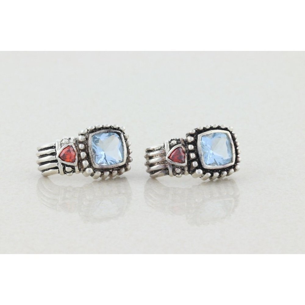 Sterling Silver Blue Glass with Red CZ J Hoop Earrings